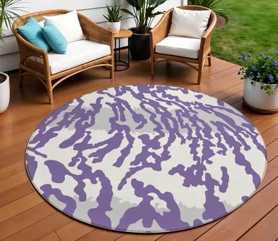 8' Purple Gray And Ivory Round Animal Print Washable Indoor Outdoor Area Rug