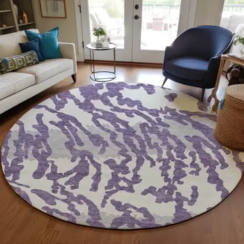 8' Purple Gray And Ivory Round Animal Print Washable Indoor Outdoor Area Rug