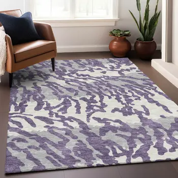 8' X 10' Purple Gray And Ivory Animal Print Washable Indoor Outdoor Area Rug