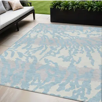 5' X 8' Sky Blue Gray And Ivory Animal Print Washable Indoor Outdoor Area Rug