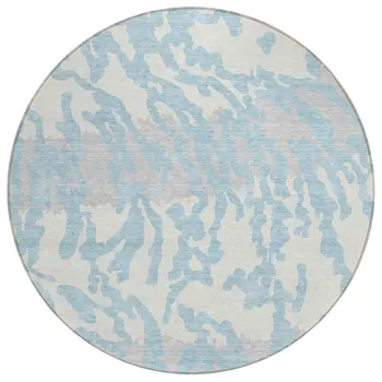 8' Sky Blue Gray And Ivory Round Animal Print Washable Indoor Outdoor Area Rug