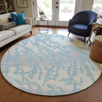 8' Sky Blue Gray And Ivory Round Animal Print Washable Indoor Outdoor Area Rug