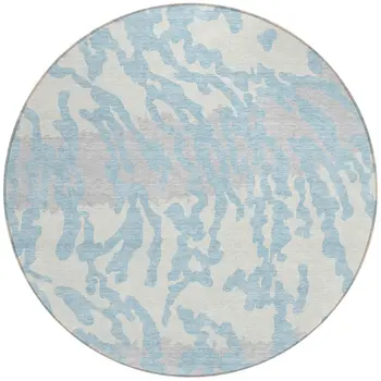 8' Sky Blue Gray And Ivory Round Animal Print Washable Indoor Outdoor Area Rug