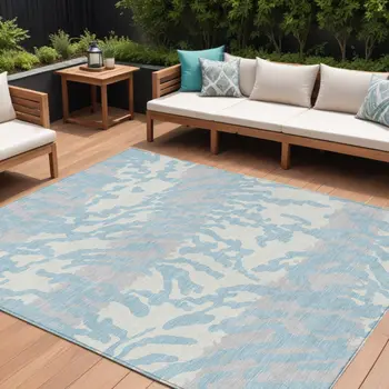 8' X 10' Sky Blue Gray And Ivory Animal Print Washable Indoor Outdoor Area Rug