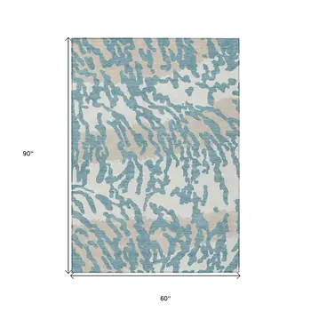 5' X 8' Teal Blue Beige And Ivory Animal Print Washable Indoor Outdoor Area Rug