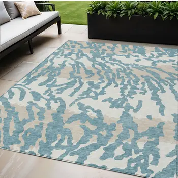 5' X 8' Teal Blue Beige And Ivory Animal Print Washable Indoor Outdoor Area Rug