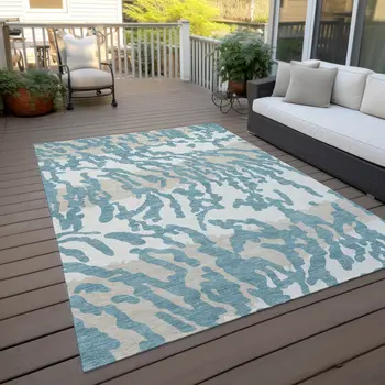 5' X 8' Teal Blue Beige And Ivory Animal Print Washable Indoor Outdoor Area Rug