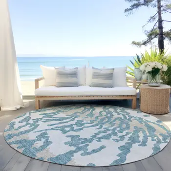 8' Teal Blue Beige And Ivory Round Animal Print Washable Indoor Outdoor Area Rug
