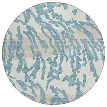 8' Teal Blue Beige And Ivory Round Animal Print Washable Indoor Outdoor Area Rug