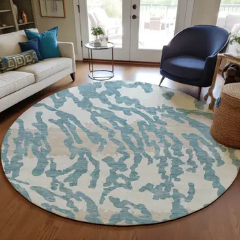 8' Teal Blue Beige And Ivory Round Animal Print Washable Indoor Outdoor Area Rug