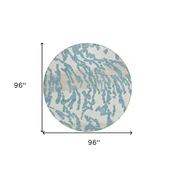 8' Teal Blue Beige And Ivory Round Animal Print Washable Indoor Outdoor Area Rug