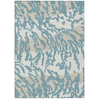 9' X 12' Teal Blue Beige And Ivory Animal Print Washable Indoor Outdoor Area Rug