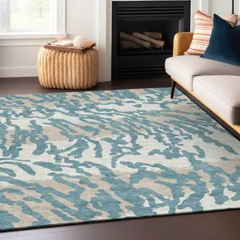 9' X 12' Teal Blue Beige And Ivory Animal Print Washable Indoor Outdoor Area Rug