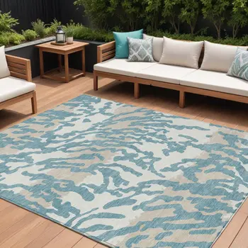 10' X 14' Teal Blue Beige And Ivory Animal Print Washable Indoor Outdoor Area Rug