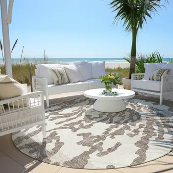 8' Taupe Brown And Ivory Round Animal Print Washable Indoor Outdoor Area Rug