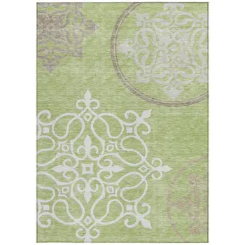 3' X 5' Artichoke Green Brown And Ivory Floral Medallion Washable Indoor Outdoor Area Rug