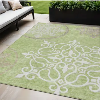 5' X 8' Artichoke Green Brown And Ivory Floral Medallion Washable Indoor Outdoor Area Rug