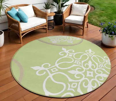8' Artichoke Green Brown And Ivory Round Floral Medallion Washable Indoor Outdoor Area Rug