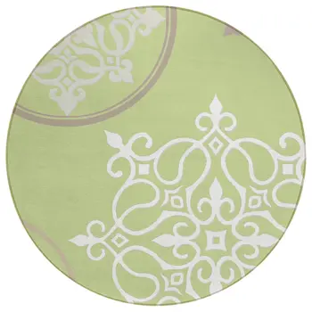 8' Artichoke Green Brown And Ivory Round Floral Medallion Washable Indoor Outdoor Area Rug