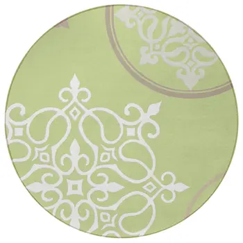 8' Artichoke Green Brown And Ivory Round Floral Medallion Washable Indoor Outdoor Area Rug