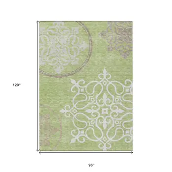 8' X 10' Artichoke Green Brown And Ivory Floral Medallion Washable Indoor Outdoor Area Rug