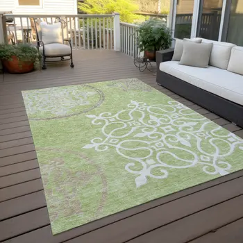 8' X 10' Artichoke Green Brown And Ivory Floral Medallion Washable Indoor Outdoor Area Rug