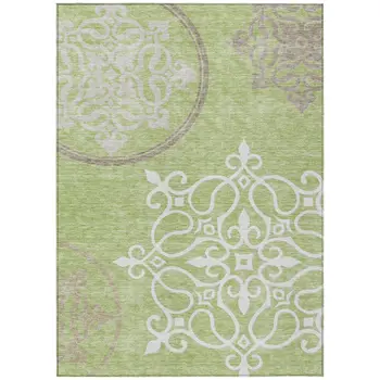 8' X 10' Artichoke Green Brown And Ivory Floral Medallion Washable Indoor Outdoor Area Rug