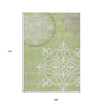 9' X 12' Artichoke Green Brown And Ivory Floral Medallion Washable Indoor Outdoor Area Rug