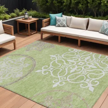 9' X 12' Artichoke Green Brown And Ivory Floral Medallion Washable Indoor Outdoor Area Rug