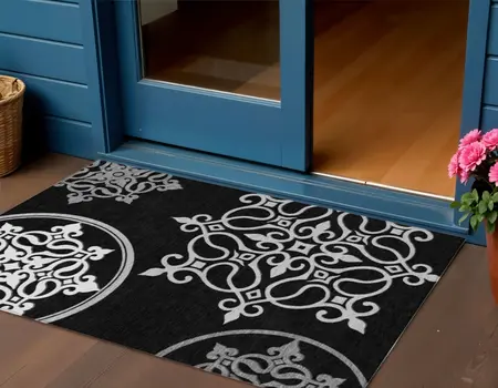 3' X 5' Black Floral Medallion Washable Indoor Outdoor Area Rug