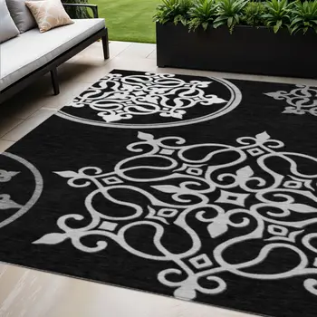 5' X 8' Black Floral Medallion Washable Indoor Outdoor Area Rug