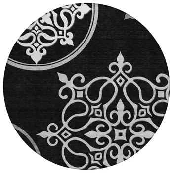 8' Black Round Floral Medallion Washable Indoor Outdoor Area Rug