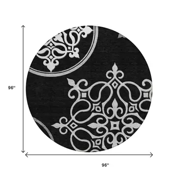 8' Black Round Floral Medallion Washable Indoor Outdoor Area Rug