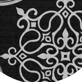 8' Black Round Floral Medallion Washable Indoor Outdoor Area Rug
