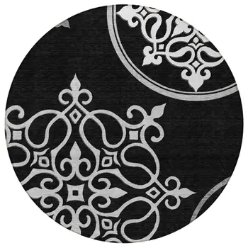 8' Black Round Floral Medallion Washable Indoor Outdoor Area Rug