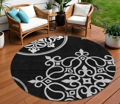 8' Black Round Floral Medallion Washable Indoor Outdoor Area Rug