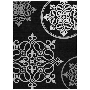 8' X 10' Black Floral Medallion Washable Indoor Outdoor Area Rug