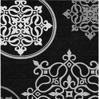 8' X 10' Black Floral Medallion Washable Indoor Outdoor Area Rug