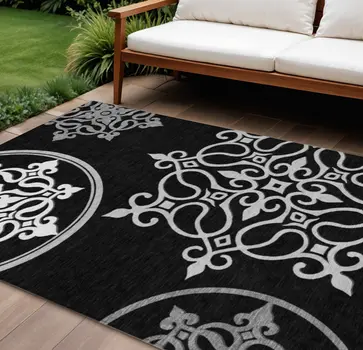 9' X 12' Black Floral Medallion Washable Indoor Outdoor Area Rug