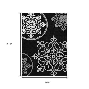 9' X 12' Black Floral Medallion Washable Indoor Outdoor Area Rug