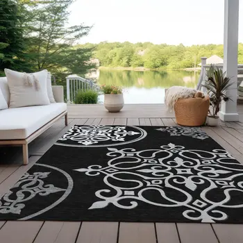 9' X 12' Black Floral Medallion Washable Indoor Outdoor Area Rug