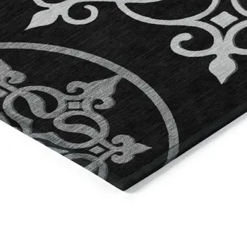 9' X 12' Black Floral Medallion Washable Indoor Outdoor Area Rug