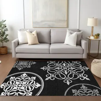 10' X 14' Black Floral Medallion Washable Indoor Outdoor Area Rug