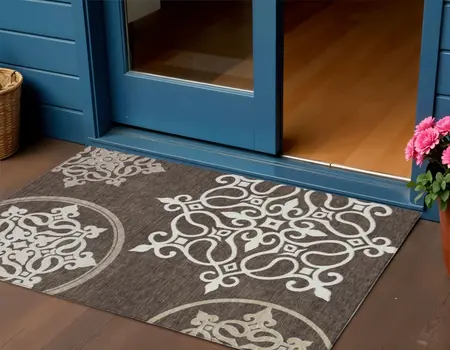 3' X 5' Chocolate Floral Medallion Washable Indoor Outdoor Area Rug