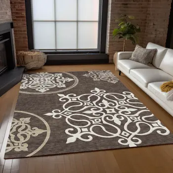 5' X 8' Chocolate Floral Medallion Washable Indoor Outdoor Area Rug