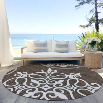 8' Chocolate Round Floral Medallion Washable Indoor Outdoor Area Rug
