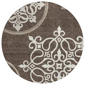 8' Chocolate Round Floral Medallion Washable Indoor Outdoor Area Rug