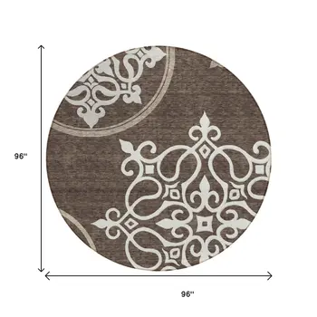 8' Chocolate Round Floral Medallion Washable Indoor Outdoor Area Rug