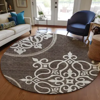 8' Chocolate Round Floral Medallion Washable Indoor Outdoor Area Rug