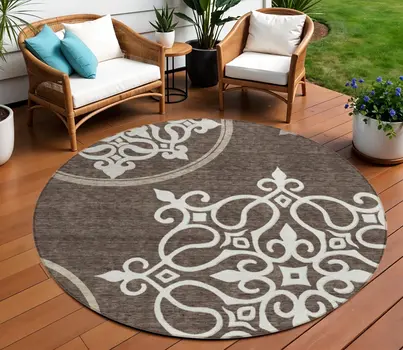 8' Chocolate Round Floral Medallion Washable Indoor Outdoor Area Rug